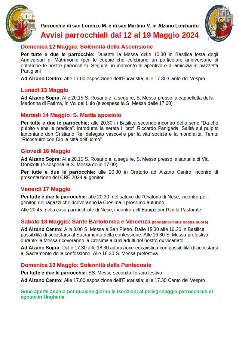 Avvisi dal 12 al 19 maggio 2024