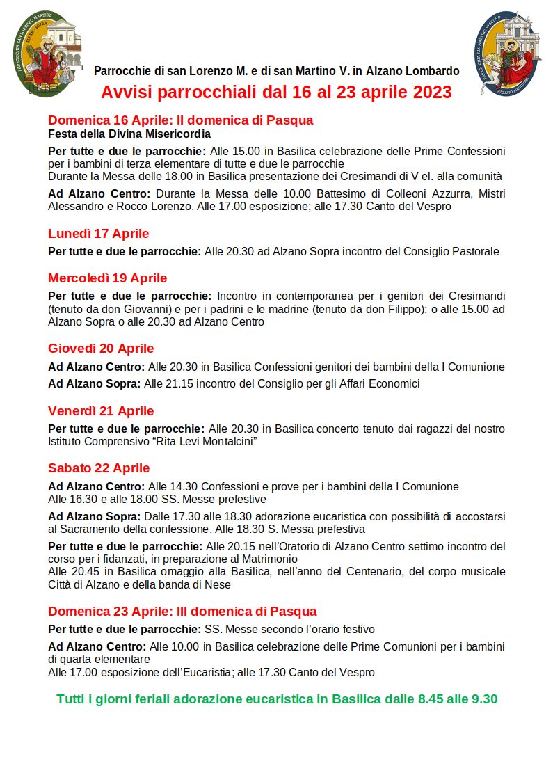 Avvisi dal 16 al 23 aprile 2023