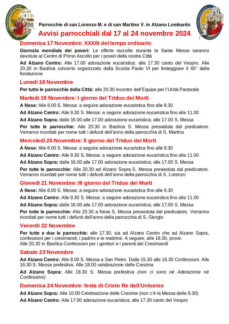 Avvisi dal 17 al 24 novembre 2024