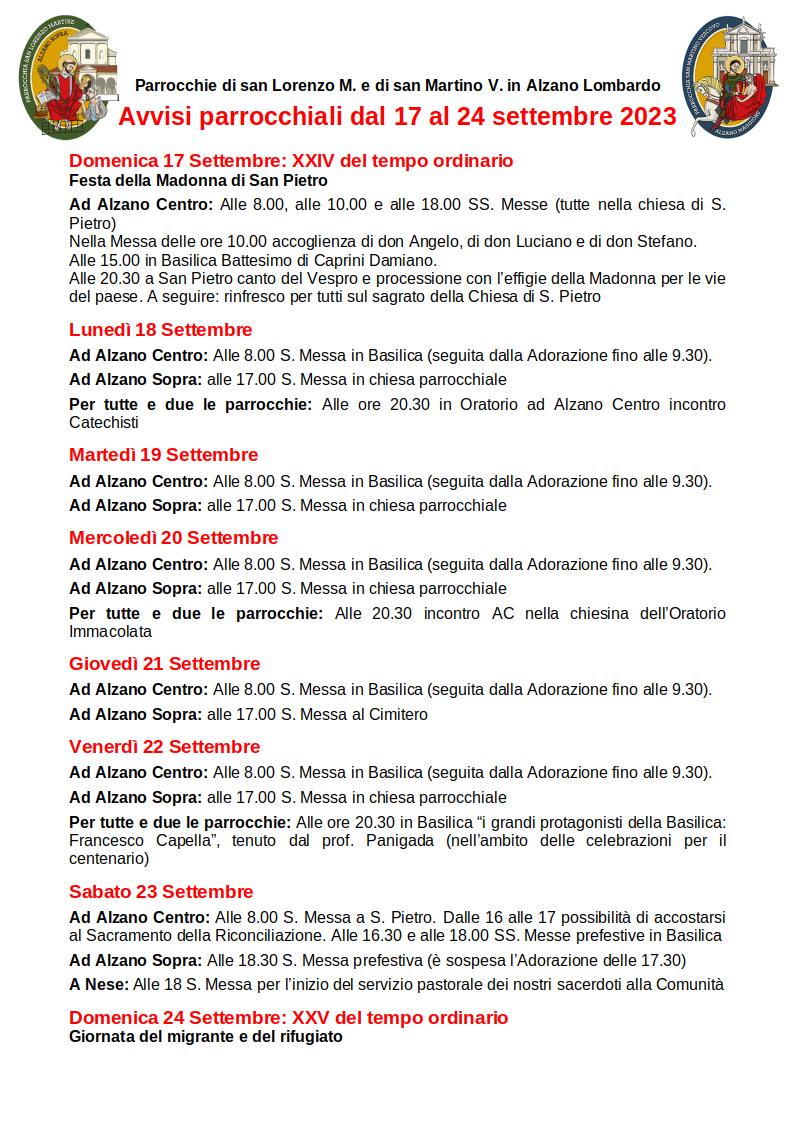 Avvisi dal 17 al 24 settembre 2023