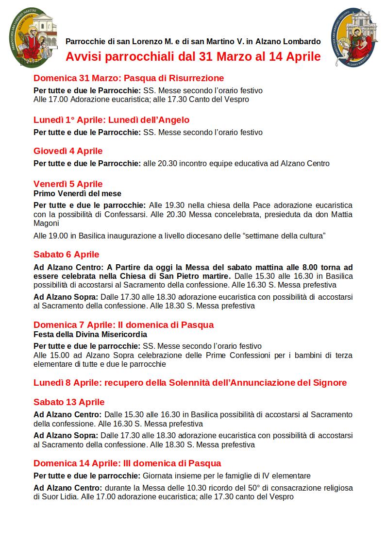 Avvisi dal 31 marzo al 14 aprile 2024